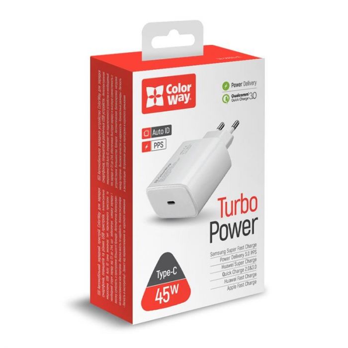 Мережевий зарядний пристрій ColorWay Power Delivery Port PPS (1USB-Cx3A) (45W) White (CW-CHS034PD-WT)