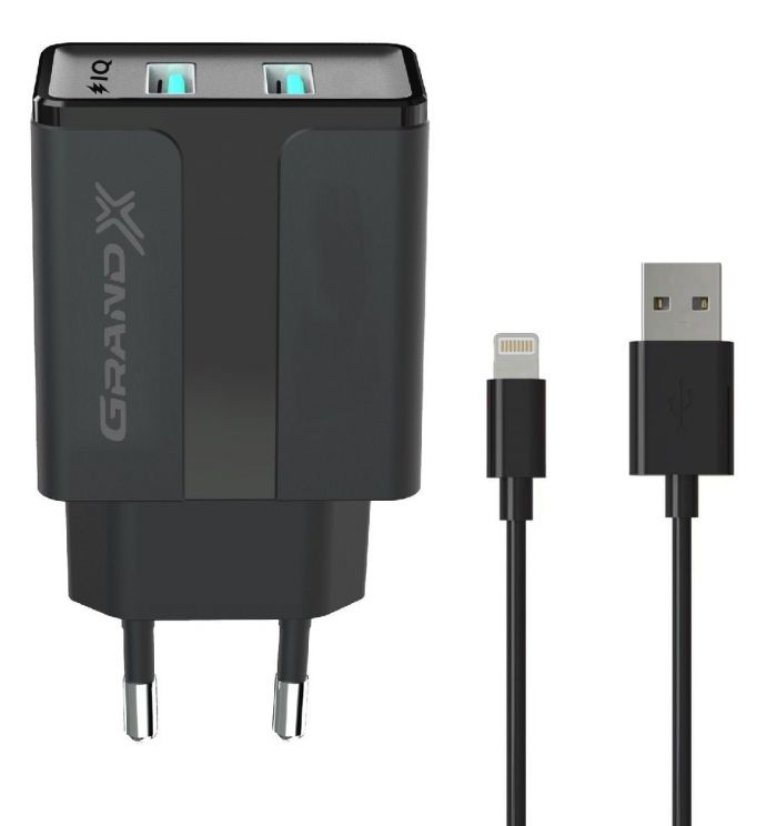 Мережевий зарядний пристрій Grand-X (1xUSB 2.4A) Black (CH15LTB) + кабель Lightning