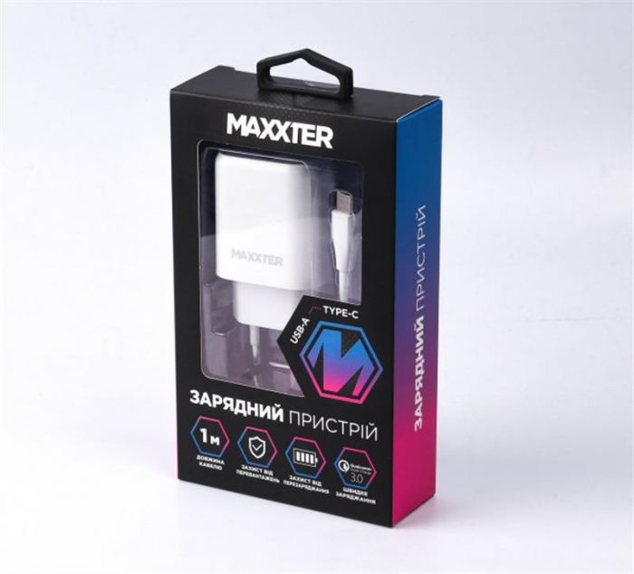 Мережевий зарядний пристрій Maxxter (1USBх2.4А) QC3.0 White (WC-QC-AtC-01) + кабель USB Type-C