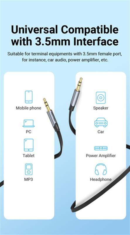 Кабель Vention Audio 3.5 мм - 3.5 мм (M/M), 1 м, Metal Type, чорний/сріблястий (BAPHF)