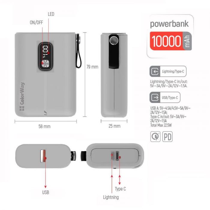 Універсальна мобільна батарея ColorWay Full Power 10000mAh White (CW-PB100LPK2WT-PDD)