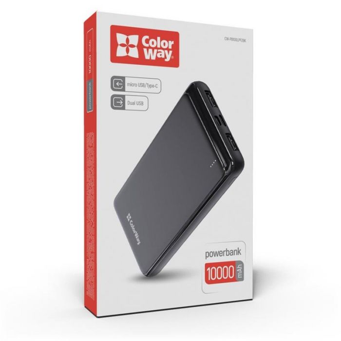 Універсальна мобільна батарея ColorWay Slim 10000mAh Black (CW-PB100LPF2BK)