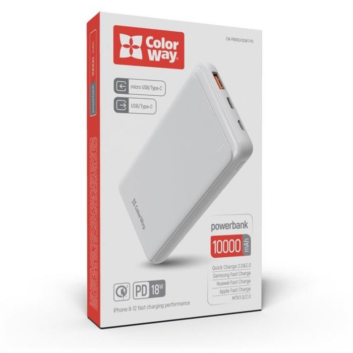 Універсальна мобільна батарея ColorWay Slim PD 10000mAh White (CW-PB100LPG3WT-PD)