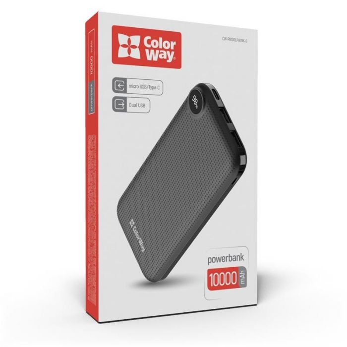 Універсальна мобільна батарея ColorWay Slim, LCD 10000mAh Black (CW-PB100LPH2BK-D)