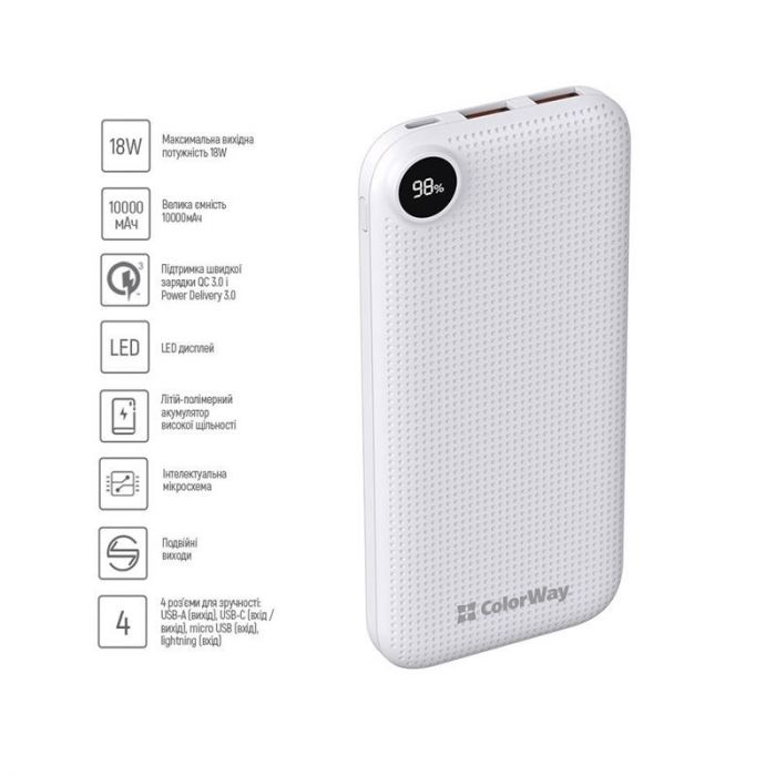 Універсальна мобільна батарея ColorWay Slim, LCD 10000mAh White (CW-PB100LPH2WT-D)