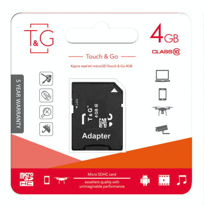 Карта пам`яті MicroSDHC 4GB Class 10 T&G + SD-adapter (TG-4GBSDCL10-01)