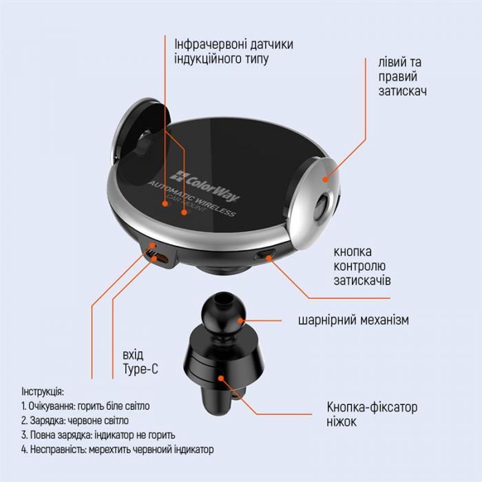 Тримач автомобільний+бездротовий ЗП ColorWay AutoSense Car Wireless Charger 2 15W Black (CW-CHAW036Q-BK)