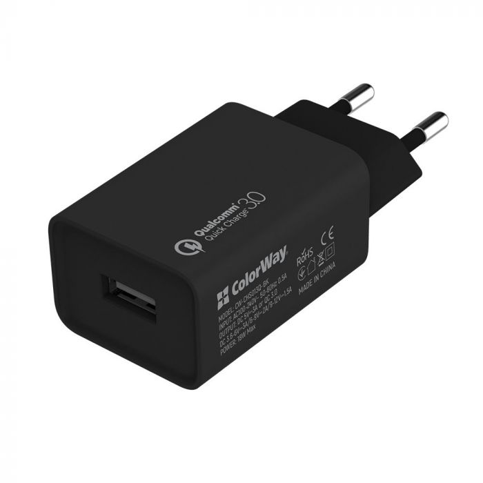 Мережевий зарядний пристрій ColorWay (1USBx3A) QC3.0 Black (CW-CHS013QCC-BK) + кабель USB Type-C