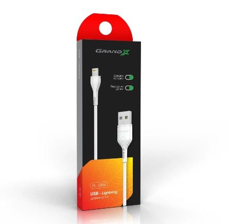 Кабель Grand-X USB - Lightning (M/M), 1 м, Cu, 2.1 A, White (PL01W)