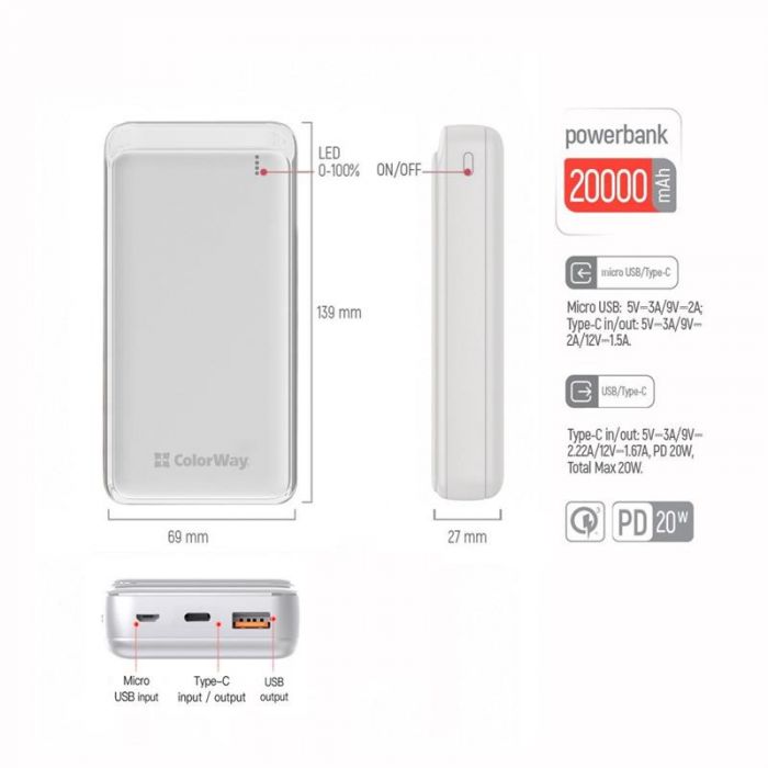 Універсальна мобільна батарея ColorWay Slim 20000mAh White (CW-PB200LPG3WT-PD)