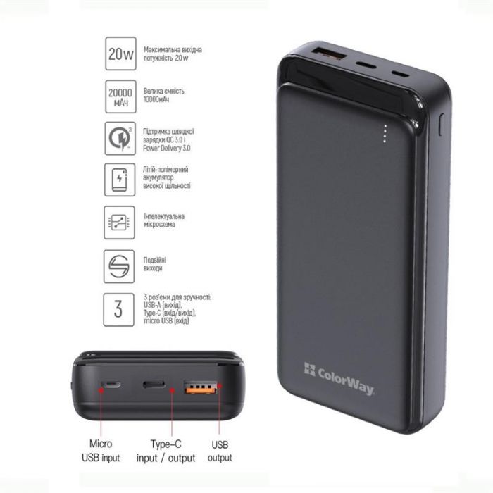 Універсальна мобільна батарея ColorWay Slim 20000mAh Black (CW-PB200LPG3BK-PD)