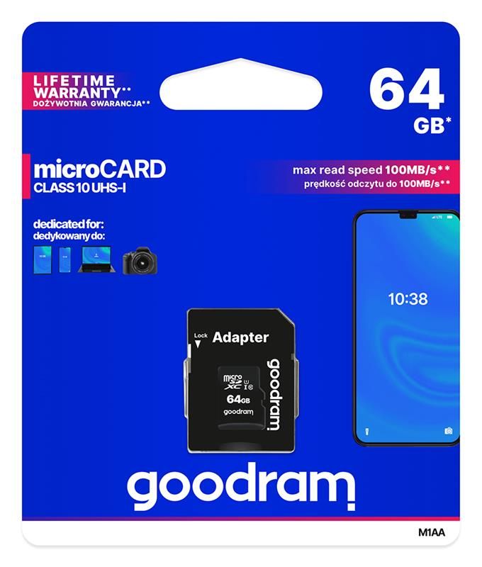 Карта пам`ятi MicroSDXC 64GB UHS-I Class 10 GOODRAM + SD-adapter (M1AA-0640R12)