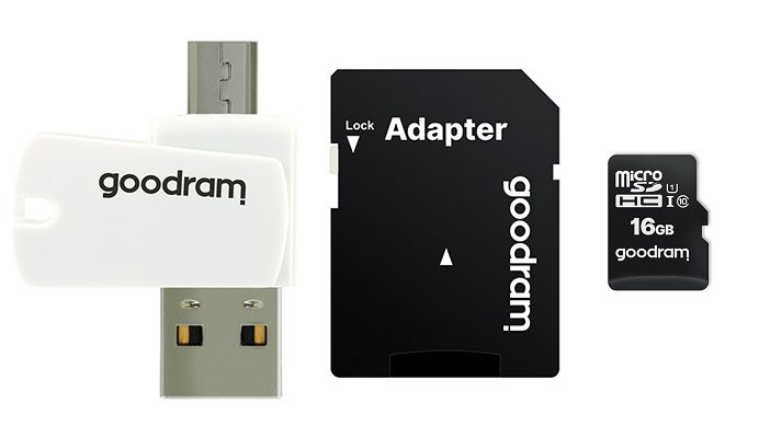 Карта пам`ятi MicroSDHC 16GB UHS-I Class 10 GOODRAM + SD-adapter + OTG Card reader (M1A4-0160R12)