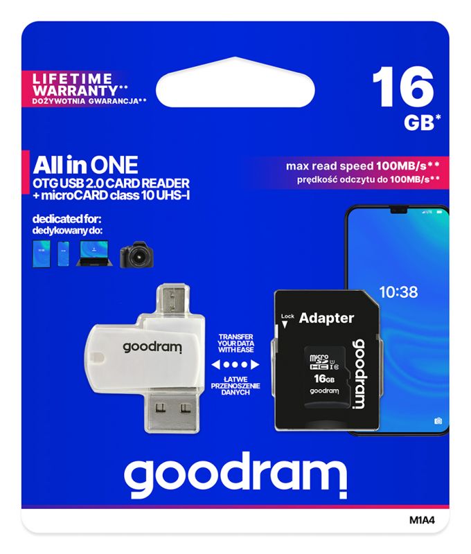 Карта пам`ятi MicroSDHC 16GB UHS-I Class 10 GOODRAM + SD-adapter + OTG Card reader (M1A4-0160R12)