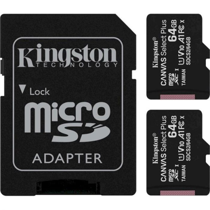 Карта пам`яті MicroSDXC 2x64GB UHS-I Class 10 Kingston Canvas Select Plus R100MB/s + SD-адаптер (SDCS2/64GB-2P1A)