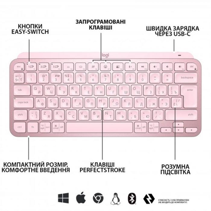 Клавіатура бездротова Logitech MX Keys Mini Wireless Illuminated UA Rose (920-010500)