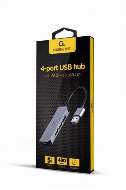 Концентратор USB Cablexpert 1xUSB3.1, 3хUSB2.0, метал, Grey (UHB-U3P1U2P3-01)