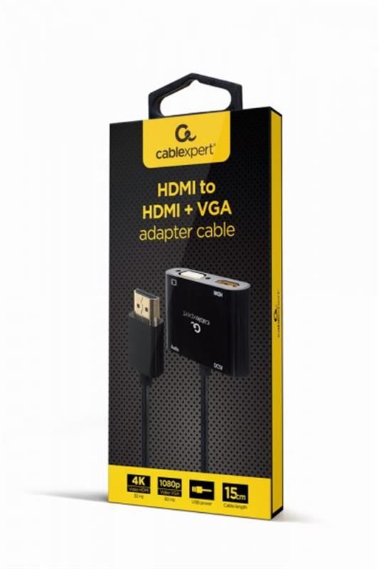 Адаптер Cablexpert HDMI - HDMI/VGA+Аудіо 3.5 мм, M/F, 0.15 м, чорний (A-HDMIM-HDMIFVGAF-01) коробка