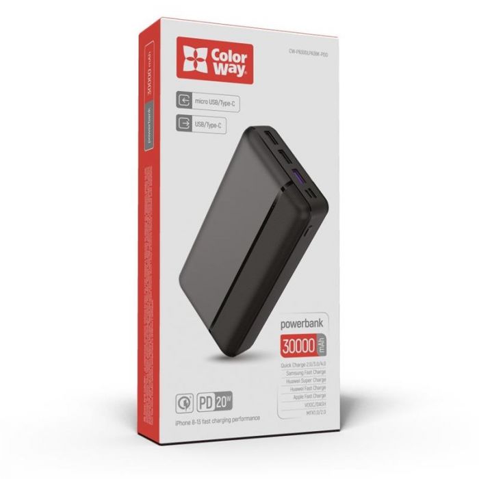 Універсальна мобільна батарея ColorWay 30000mAh Black (CW-PB300LPA3BK-PD)