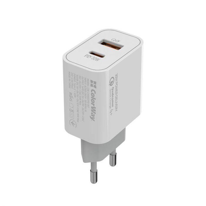 Мережевий зарядний пристрій ColorWay Power Delivery Port PPS (Type-C PD + USB QC3.0) (30W) White (CW-CHS037PD-WT)