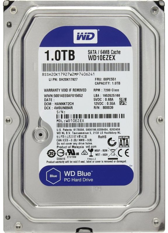 Накопичувач HDD SATA 1.0TB WD Blue 7200rpm 64MB (WD10EZEX)