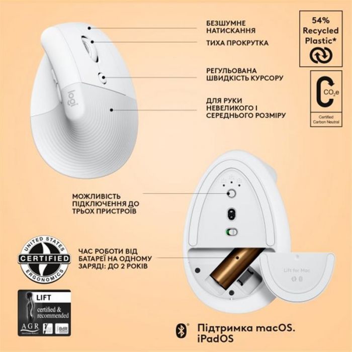 Миша бездротова Logitech Lift for Mac Vertical Ergonomic White (910-006477)