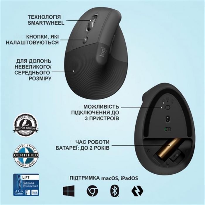 Мишка бездротова Logitech Lift Left Vertical Ergonomic (910-006495) Graphite USB