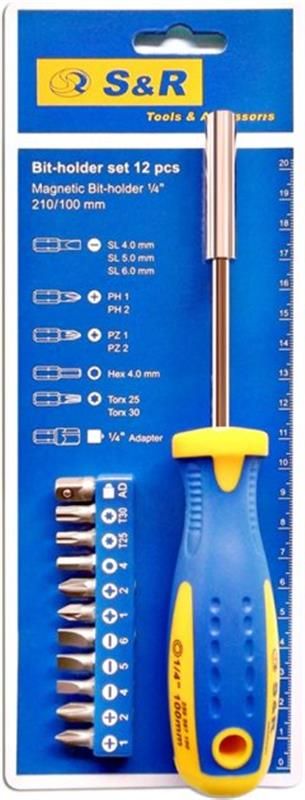 Викрутка-тримач біт S&R 1/4" 100 мм зі змінними бітами 11 шт (250011100)