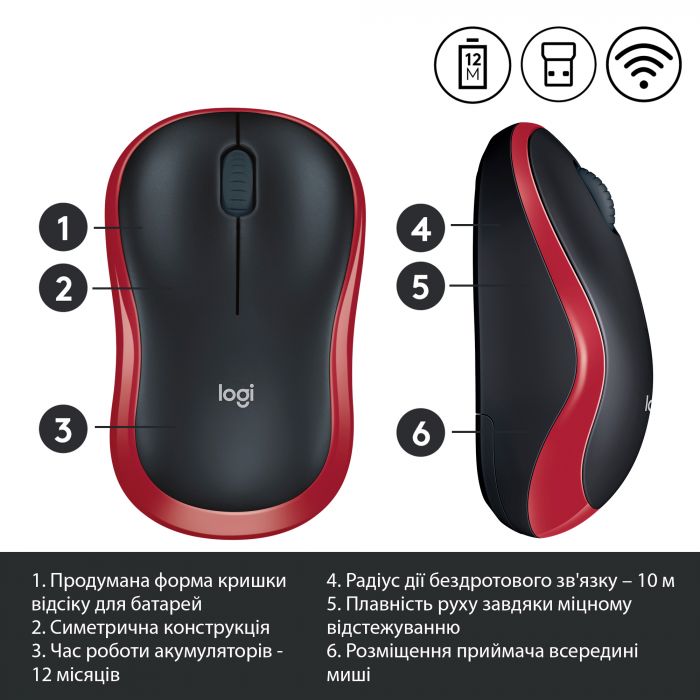 Миша бездротова Logitech M185 Red (910-002240)