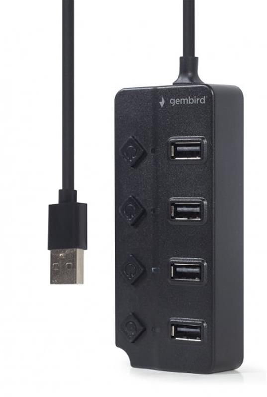 Концентратор USB 2.0 Gembird 4хUSB2.0, з вимикачами, пластик, Black (UHB-U2P4P-01)