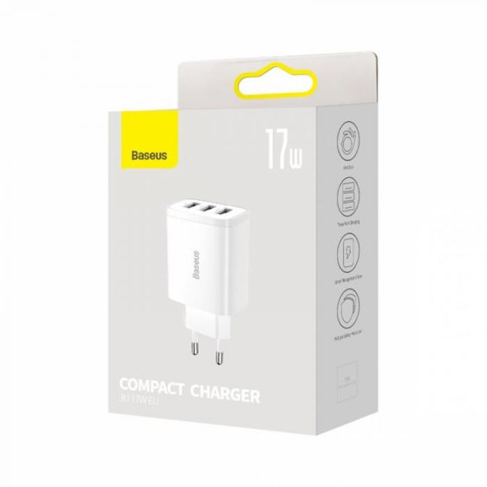 Мережевий зарядний пристрій Baseus Compact (3USB, 3.4A) 17W White (CCXJ020102)