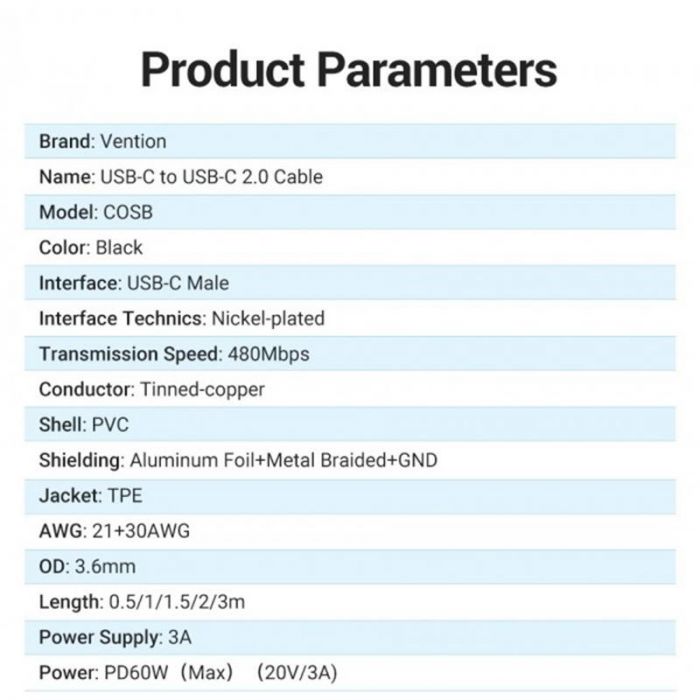 Кабель Vention USB Type-C - USB Type-C (M/M), TPE Round PD 60W, 3 A, 1 м, Black (COSBF)