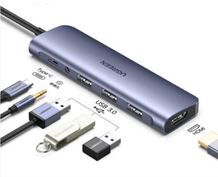 Концентратор USB Type-C Ugreen CM136 3xUSB 3.0 + HDMI + 3.5 мм, Gray (80132)