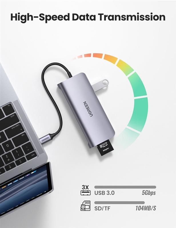 Концентратор USB Type-C Ugreen CM179 3xUSB 3.0 + HDMI + VGA + RJ45 1000M Ethernet + Cardreader, Gray (40873)