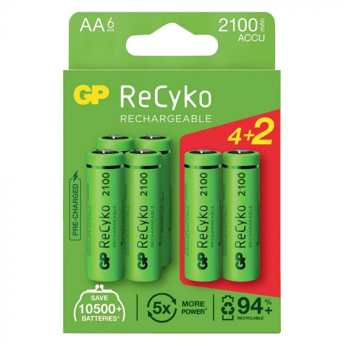 Акумулятори GP Recyko 2100 (GP210AAHCE4/2-2BNB6) AA/HR06 NI-MH 2050 mAh BL 6 шт