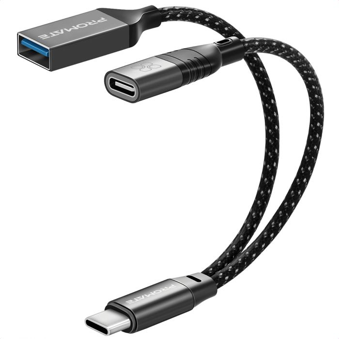 Адаптер 3 в 1 Promate OTG Link-C USB Type-C - USB + USB Type-C (M/F), 0.16 м, Black (otglink-c.black)