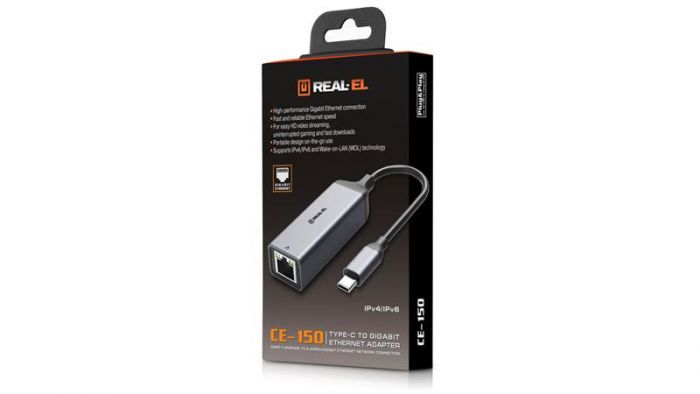 Мережевий адаптер REAL-EL CE-150 USB Type-C - RJ45 (M/F), 0.1 м, Black (EL123110004)
