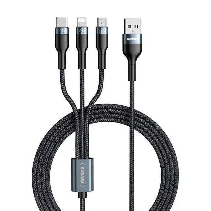 Кабель Remax RC-186th SPEED Combo 3-in-1 USB - Lightning + micro USB + USB Type-C (M/M), 2.1 A, 1.2 м, Black (2000700011052)