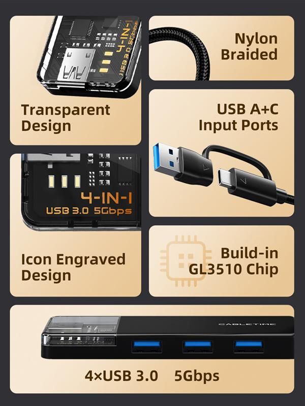 Концентратор Cabletime USB Type C - 4 Port USB 3.0, 0.15 m (CB03B)