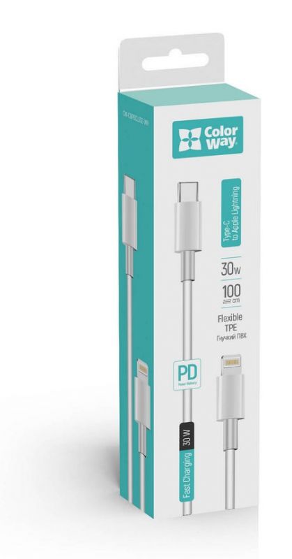 Кабель ColorWay USB Type-C - Lightning (M/M), 3.0 А, 1 м, White (CW-CBPDCL032-WH)