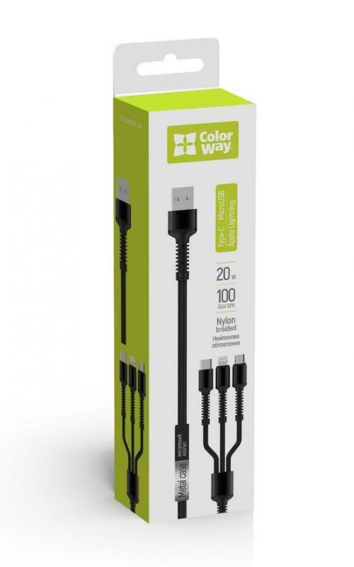 Кабель ColorWay USB-Lightning+MicroUSB+USB-C, 1.2м, Dark Grey (CW-CBU3003-GR)