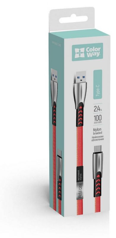 Кабель ColorWay USB - USB Type-C (M/M), 2.4 А, 1 м, Red (CW-CBUC012-RD)