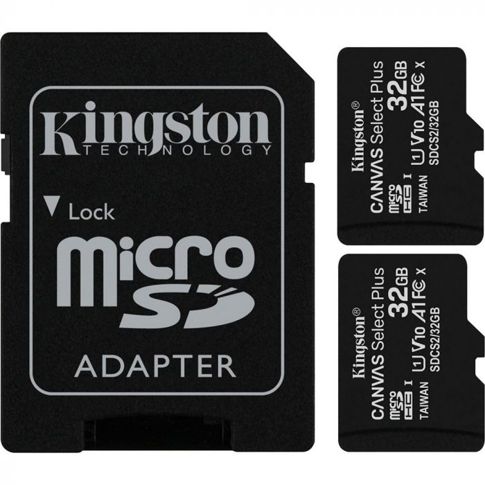 Карта пам`яті MicroSDHC 2x32GB UHS-I Class 10 Kingston Canvas Select Plus R100MB/s + SD-адаптер (SDCS2/32GB-2P1A)