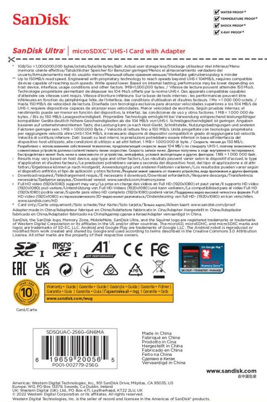 Карта пам`ятi MicroSDXC 256GB UHS-I Class 10 SanDisk Ultra A1 R150MB/s + SD-adapter (SDSQUAC-256G-GN6MA)