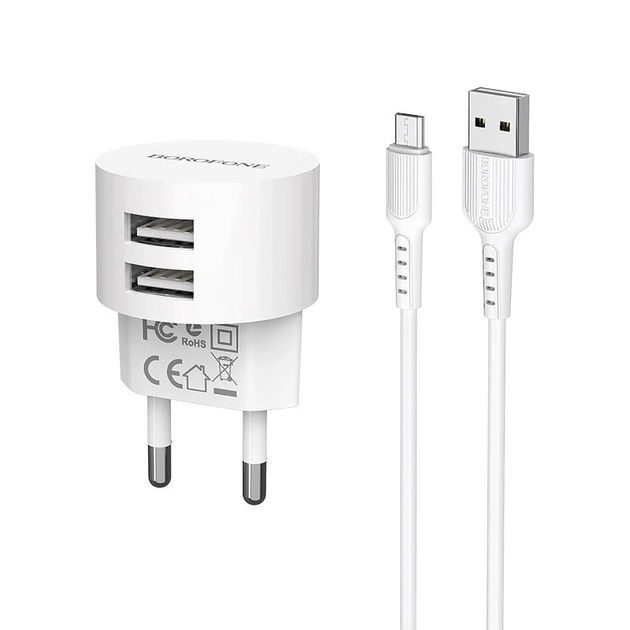 Мережевий зарядний пристрій Borofone BA23A Brilliant (2USB, 2.4А) White (BA23AMW) + кабель MicroUSB