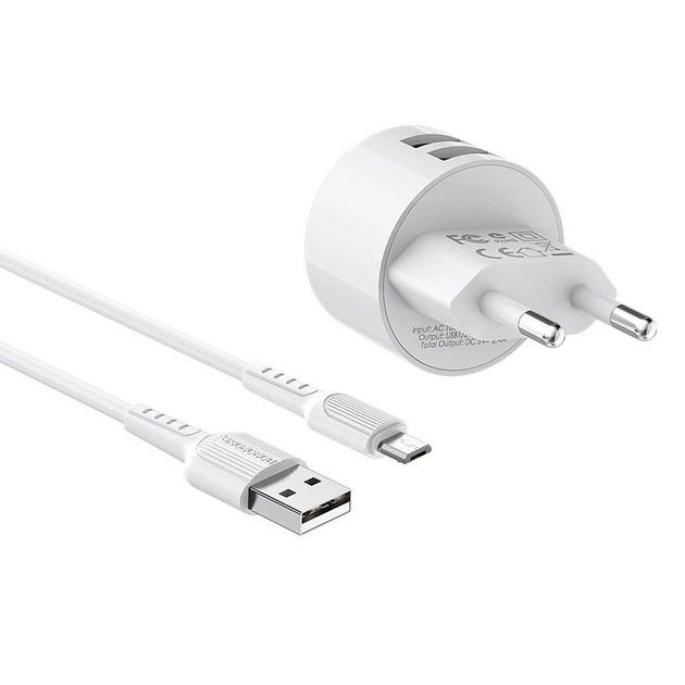 Мережевий зарядний пристрій Borofone BA23A Brilliant (2USB, 2.4А) White (BA23AMW) + кабель MicroUSB