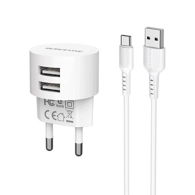 Мережевий зарядний пристрій Borofone BA23A Brilliant (2USB, 2.4А) White (BA23ACW) + кабель Type-C