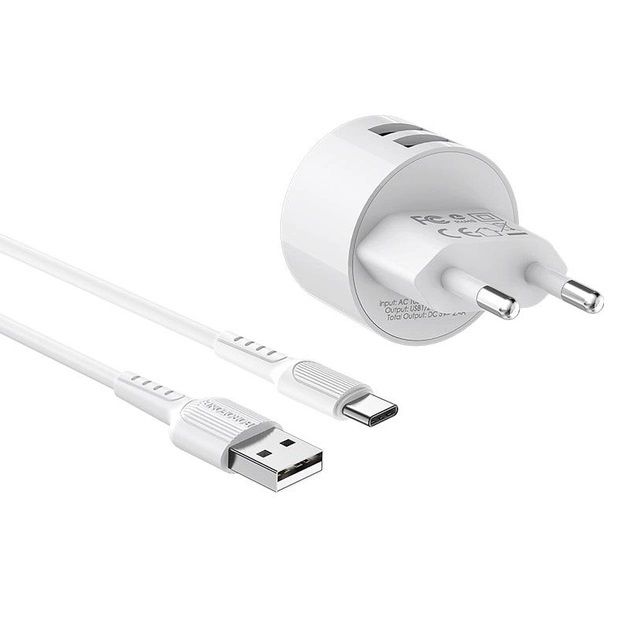 Мережевий зарядний пристрій Borofone BA23A Brilliant (2USB, 2.4А) White (BA23ACW) + кабель Type-C