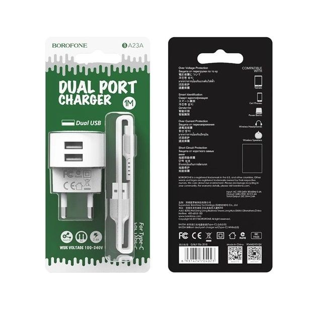 Мережевий зарядний пристрій Borofone BA23A Brilliant (2USB, 2.4А) White (BA23ACW) + кабель Type-C