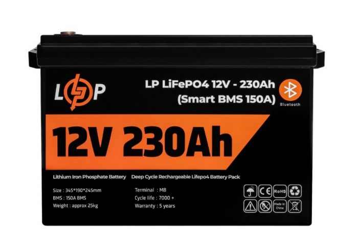 Акумуляторна батарея LogicPower 12V 230 AH (2944Wh) Smart BT для ДБЖ (BMS 150A/75А) LiFePO4